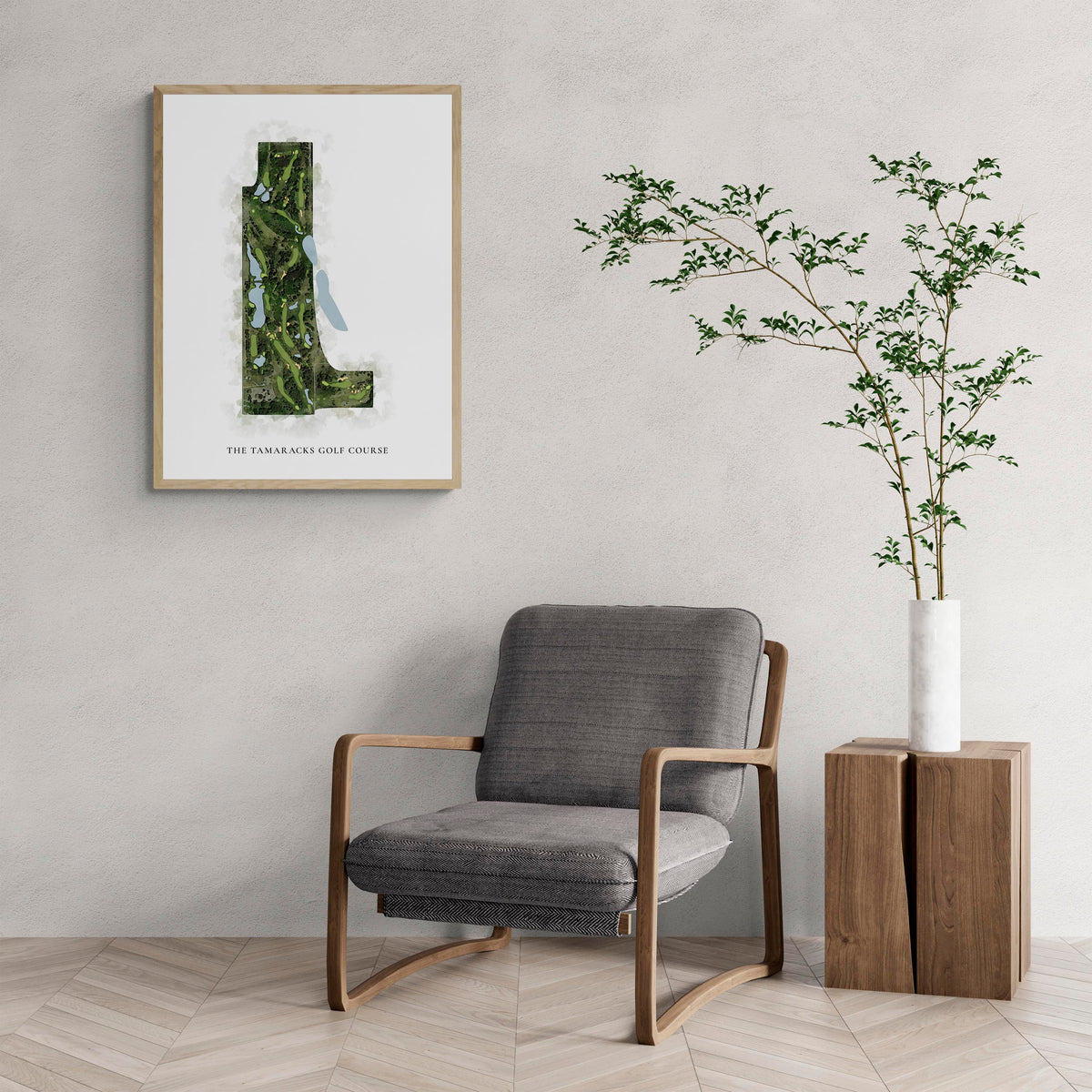 Classic Map of The Tamaracks Golf Course with a comfy armchair and large plant