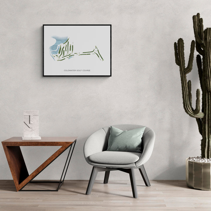 Modern Map of Coldwater Golf Course in a living room with large cactus plant