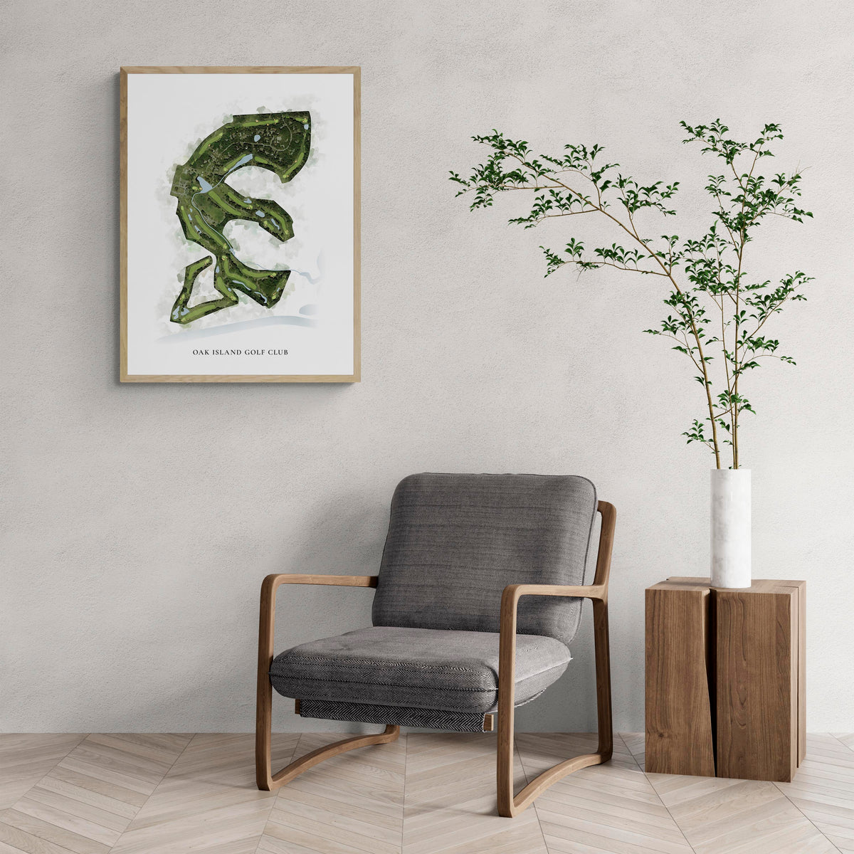 Classic Map of Oak Island Golf Club with a comfy armchair and large plant