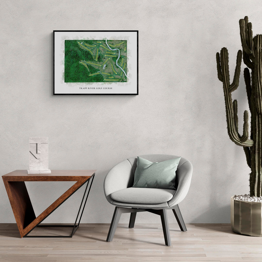 Classic Map of Trapp River Golf Course in a living room with large cactus plant