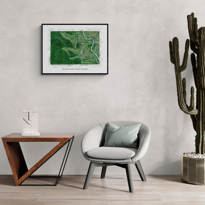 Classic Map of Trapp River Golf Course in a living room with large cactus plant