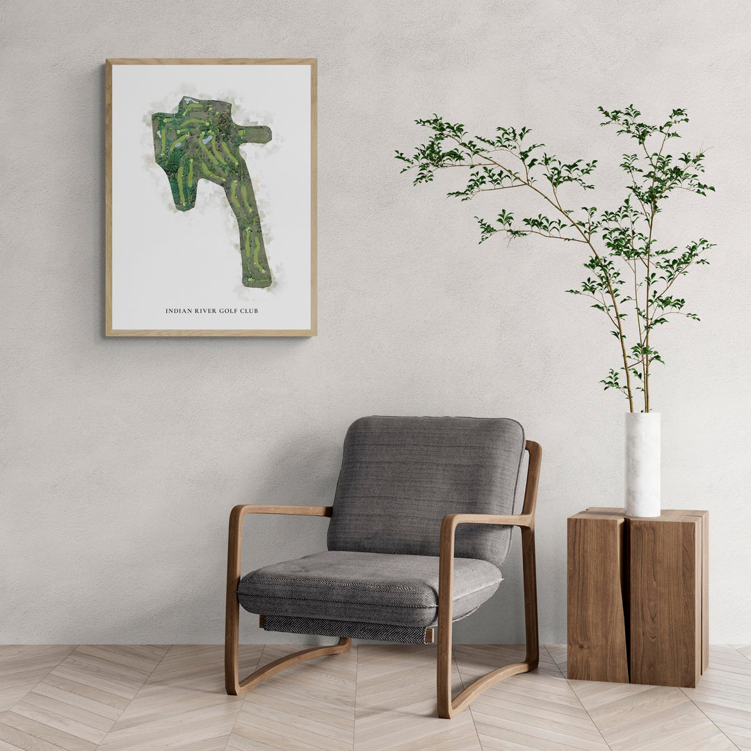 Classic Map of Indian River Golf Club with a comfy armchair and large plant