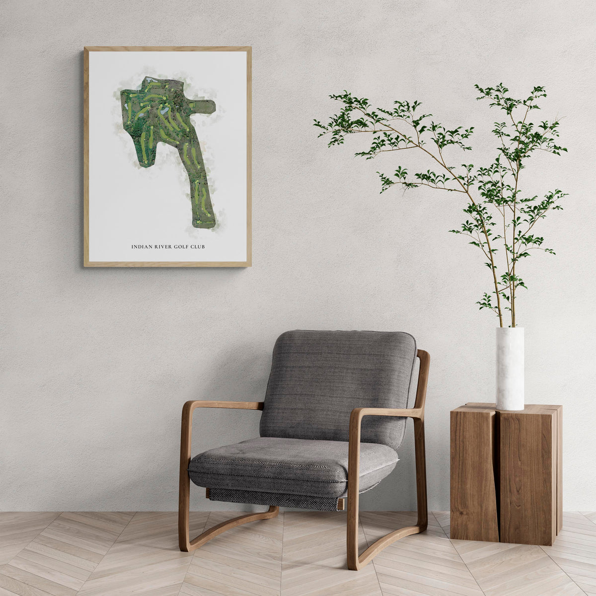 Classic Map of Indian River Golf Club with a comfy armchair and large plant