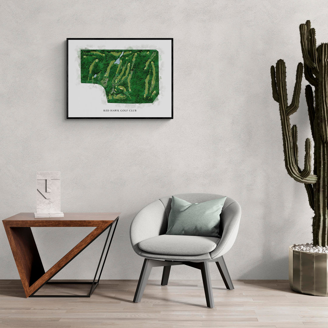 Classic Map of Red Hawk Golf Club in a living room with large cactus plant