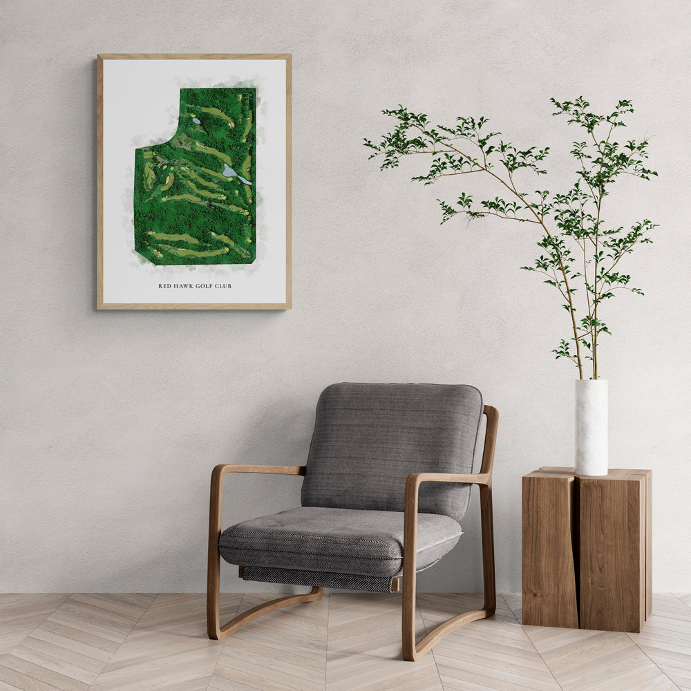 Classic Map of Red Hawk Golf Club with a comfy armchair and large plant