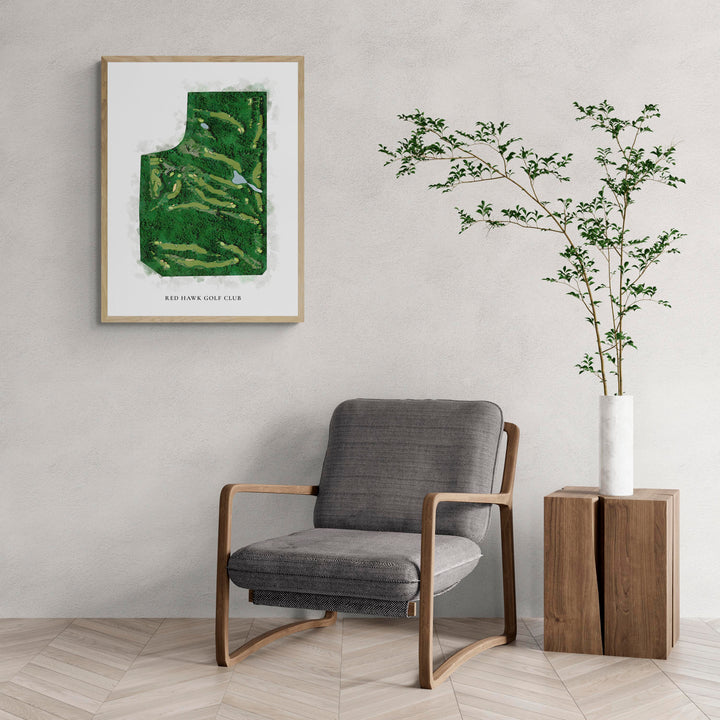 Classic Map of Red Hawk Golf Club with a comfy armchair and large plant