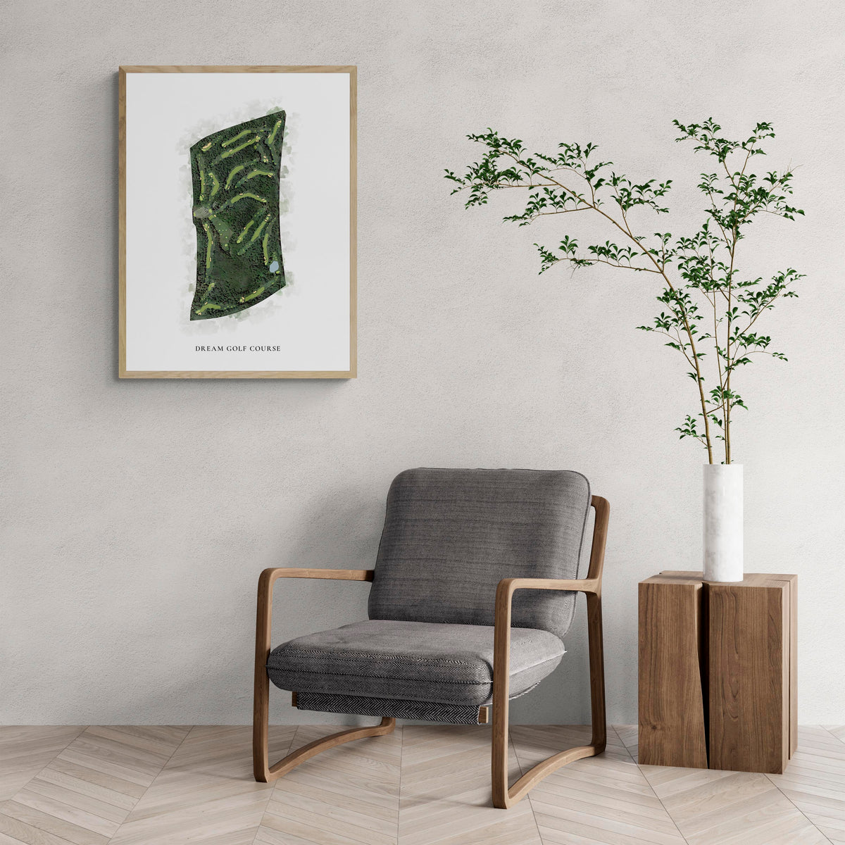 Classic Map of Dream Golf Course with a comfy armchair and large plant