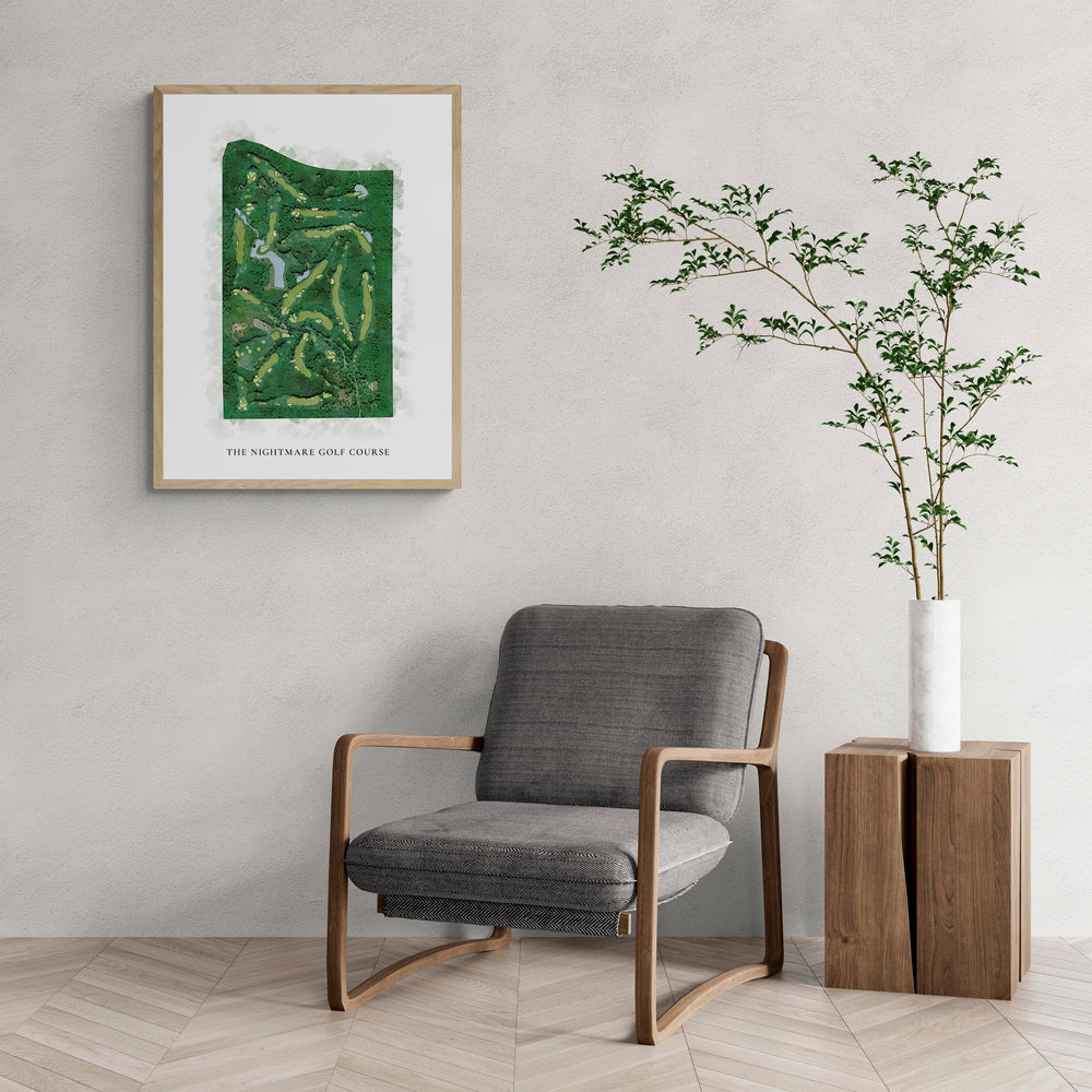 Classic Map of The Nightmare Golf Course with a comfy armchair and large plant