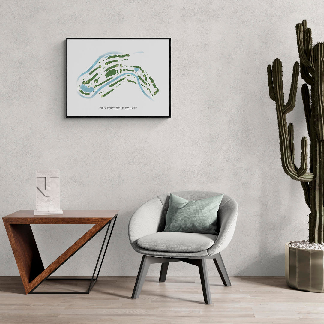 Modern Map of Old Fort Golf Course in a living room with large cactus plant