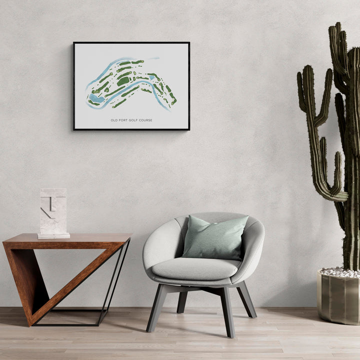 Modern Map of Old Fort Golf Course in a living room with large cactus plant