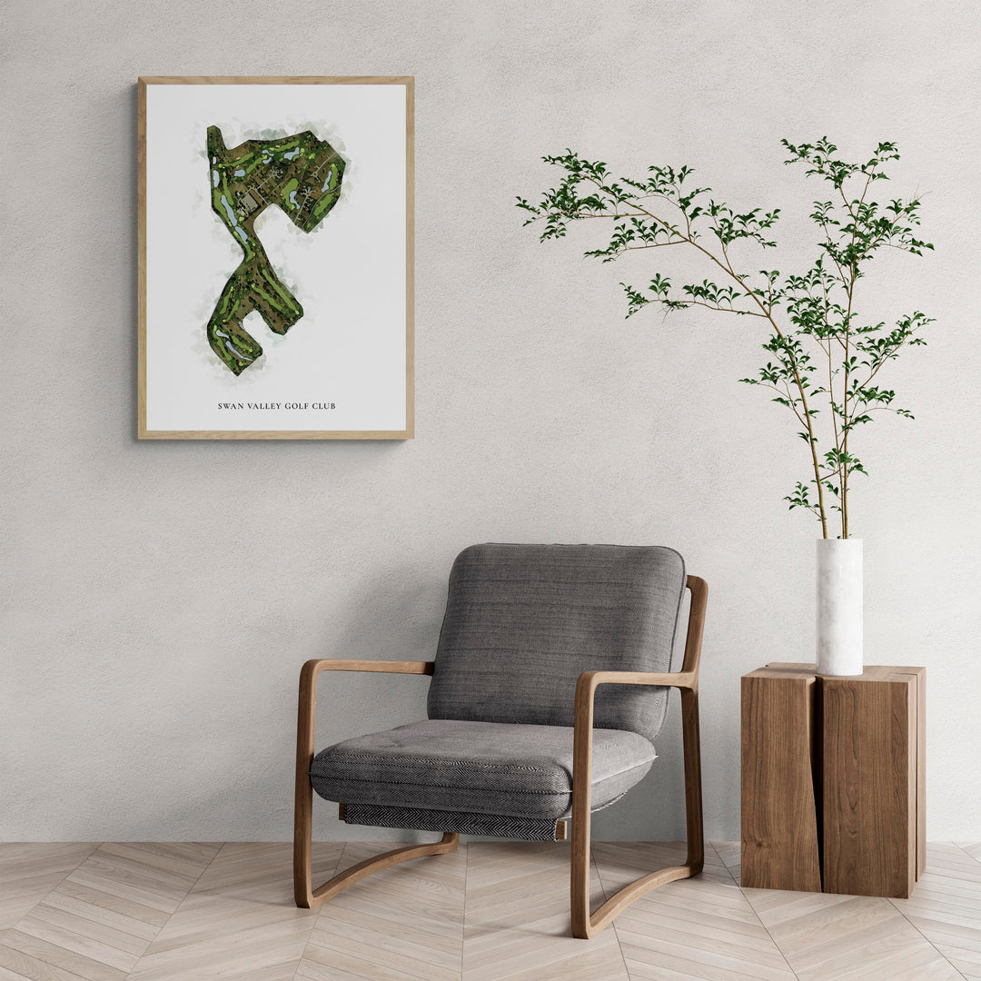 Classic Map of Swan Valley Golf Club with a comfy armchair and large plant