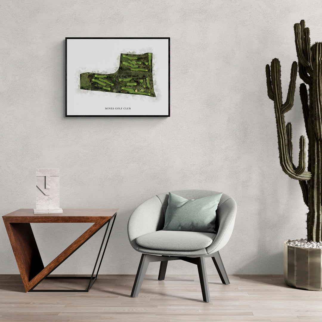 Classic Map of Mines Golf Club in a living room with large cactus plant