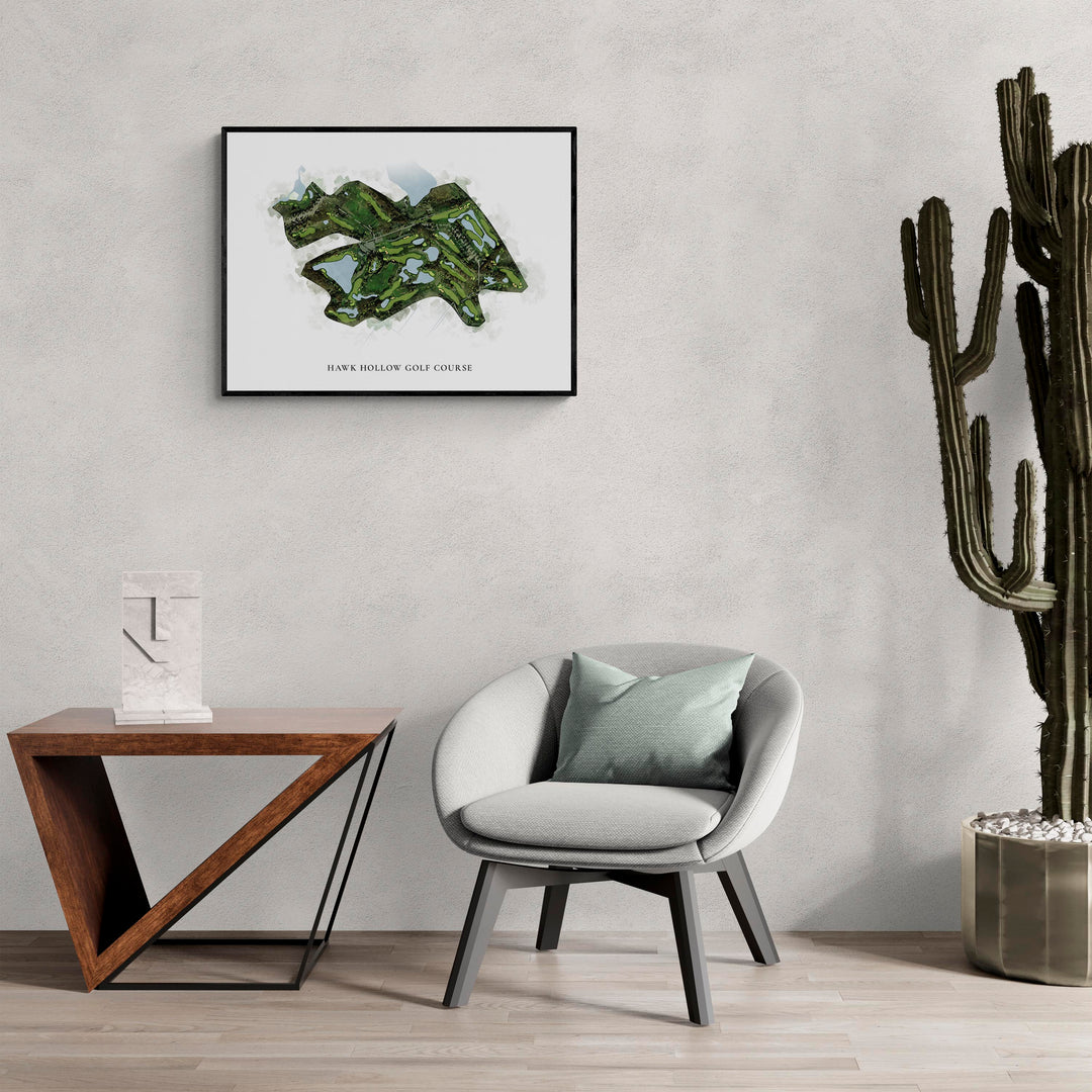 Classic Map of Hawk Hollow Golf Course in a living room with large cactus plant