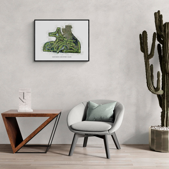 Classic Map of Davison Country Club in a living room with large cactus plant