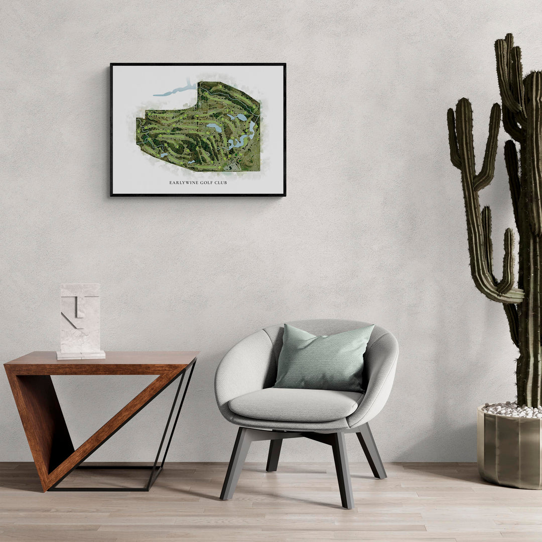 Classic Map of Earlywine Golf Club in a living room with large cactus plant