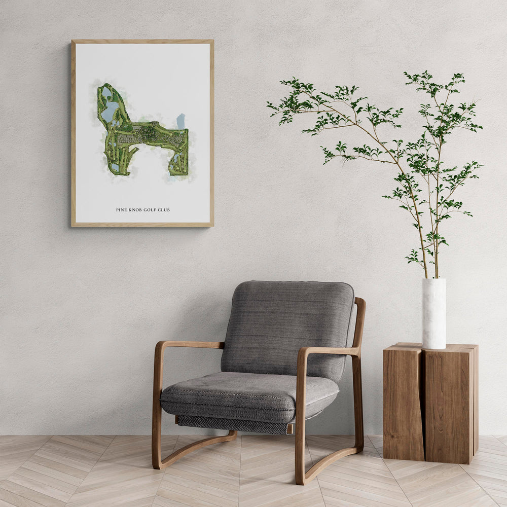 Classic Map of Pine Knob Golf Club with a comfy armchair and large plant