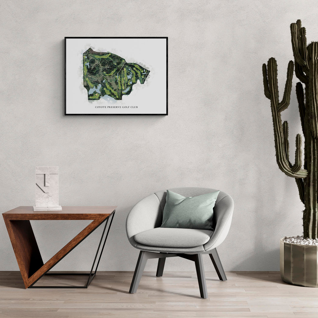 Classic Map of Coyote Preserve Golf Club in a living room with large cactus plant