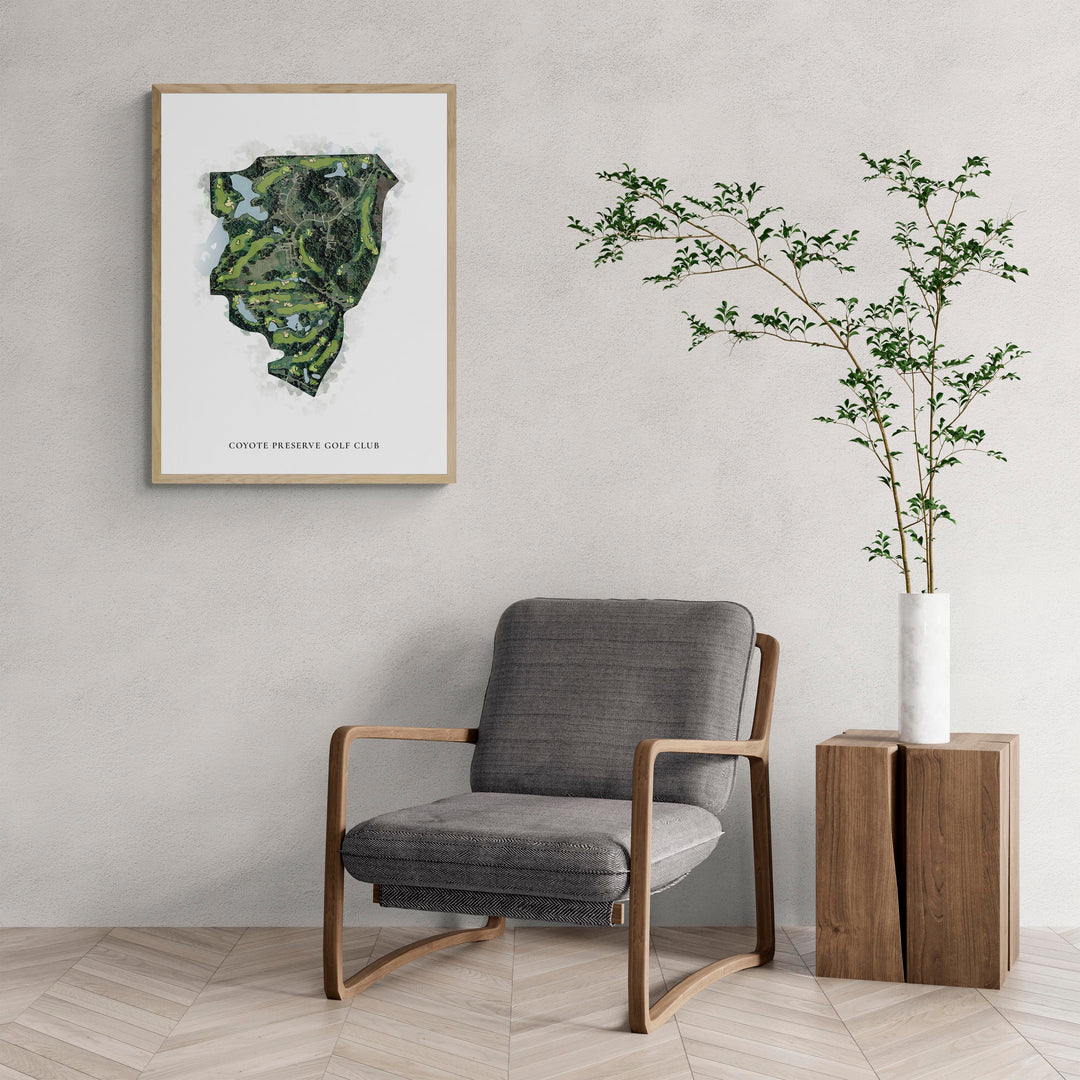 Classic Map of Coyote Preserve Golf Club with a comfy armchair and large plant