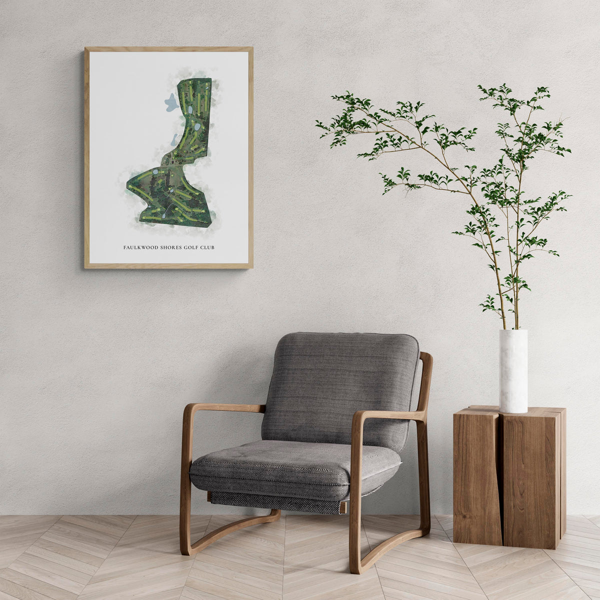 Classic Map of Faulkwood Shores Golf Club with a comfy armchair and large plant