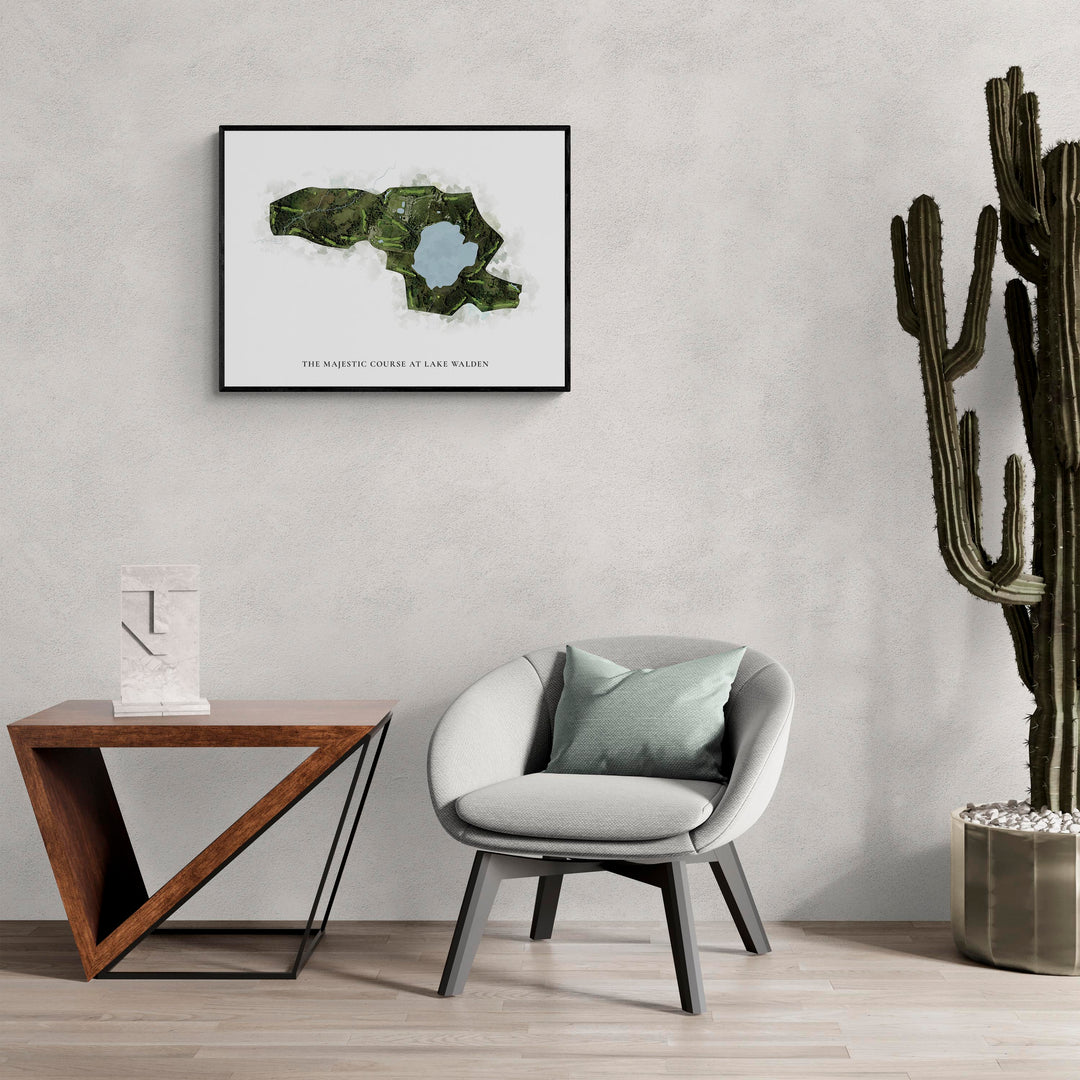 Classic Map of The Majestic Course At Lake Walden in a living room with large cactus plant