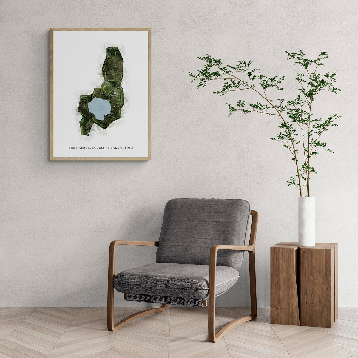 Classic Map of The Majestic Course At Lake Walden with a comfy armchair and large plant