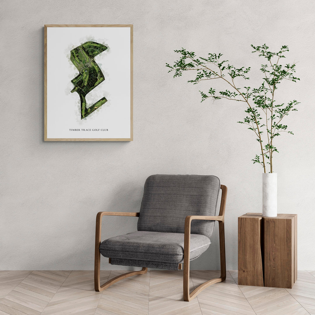 Classic Map of Timber Trace Golf Club with a comfy armchair and large plant