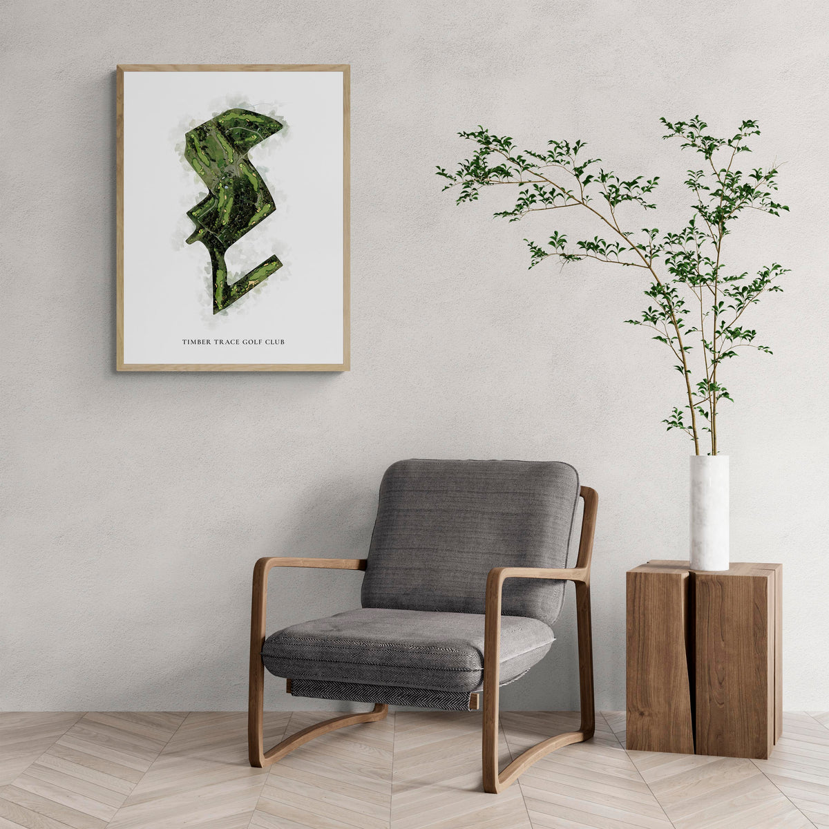 Classic Map of Timber Trace Golf Club with a comfy armchair and large plant