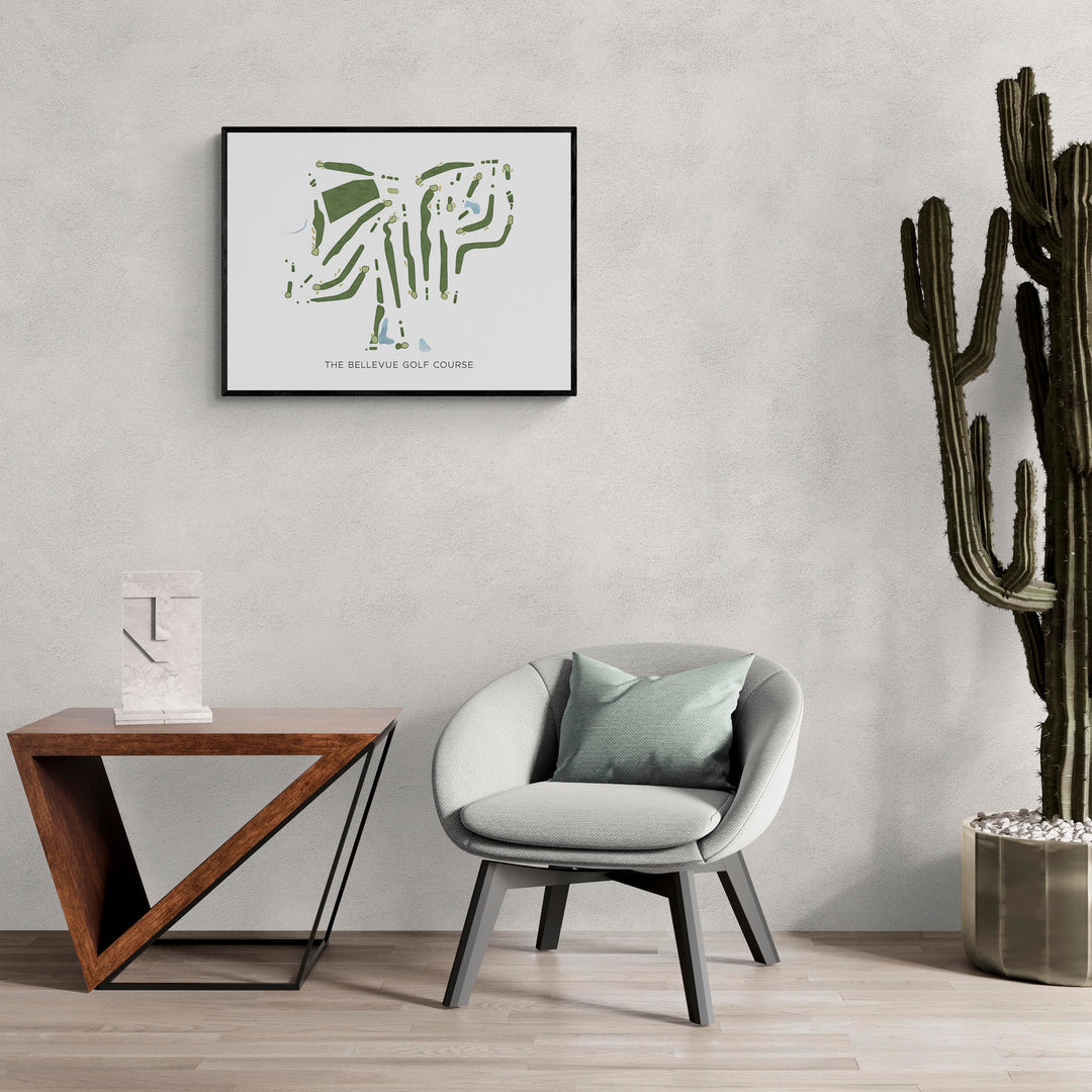 Modern Map of The Bellevue Golf Course in a living room with large cactus plant