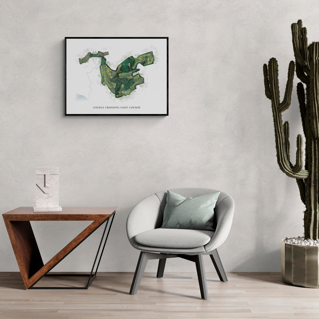 Classic Map of Angels Crossing Golf Course in a living room with large cactus plant