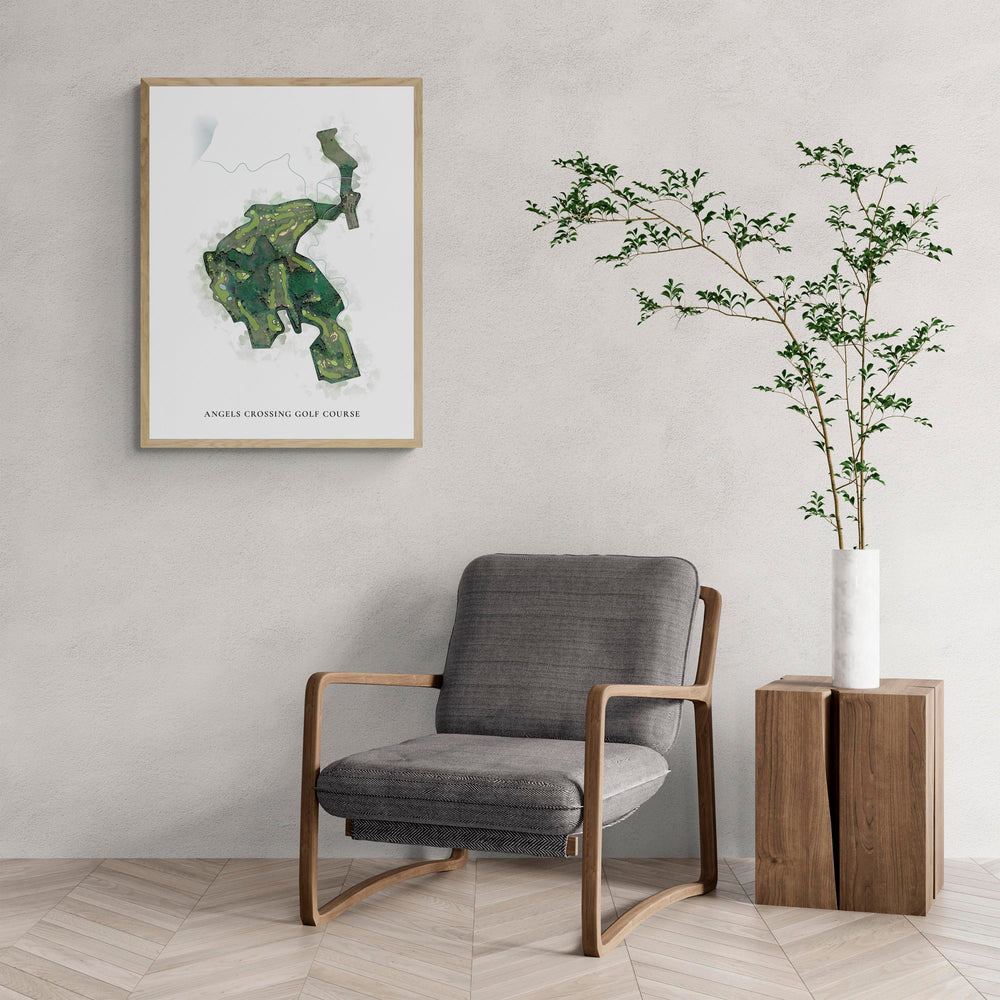 Classic Map of Angels Crossing Golf Course with a comfy armchair and large plant