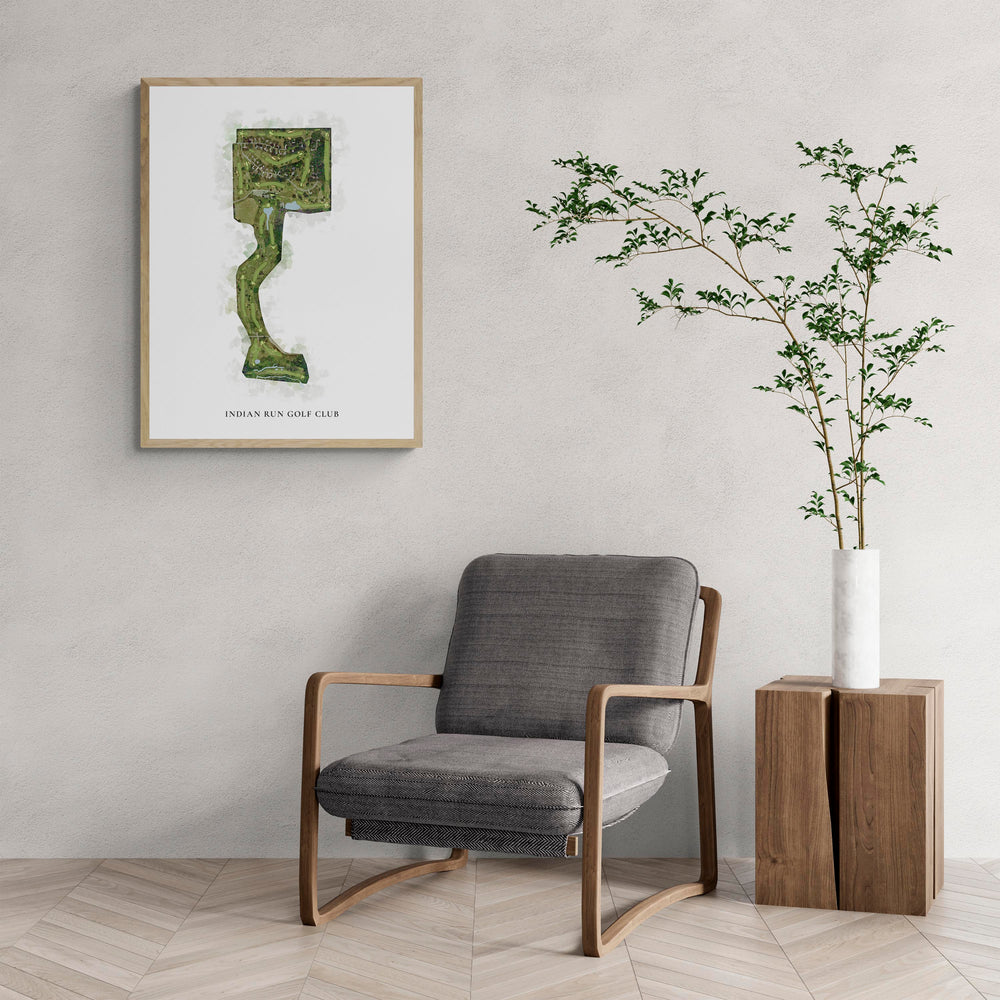 Classic Map of Indian Run Golf Club with a comfy armchair and large plant