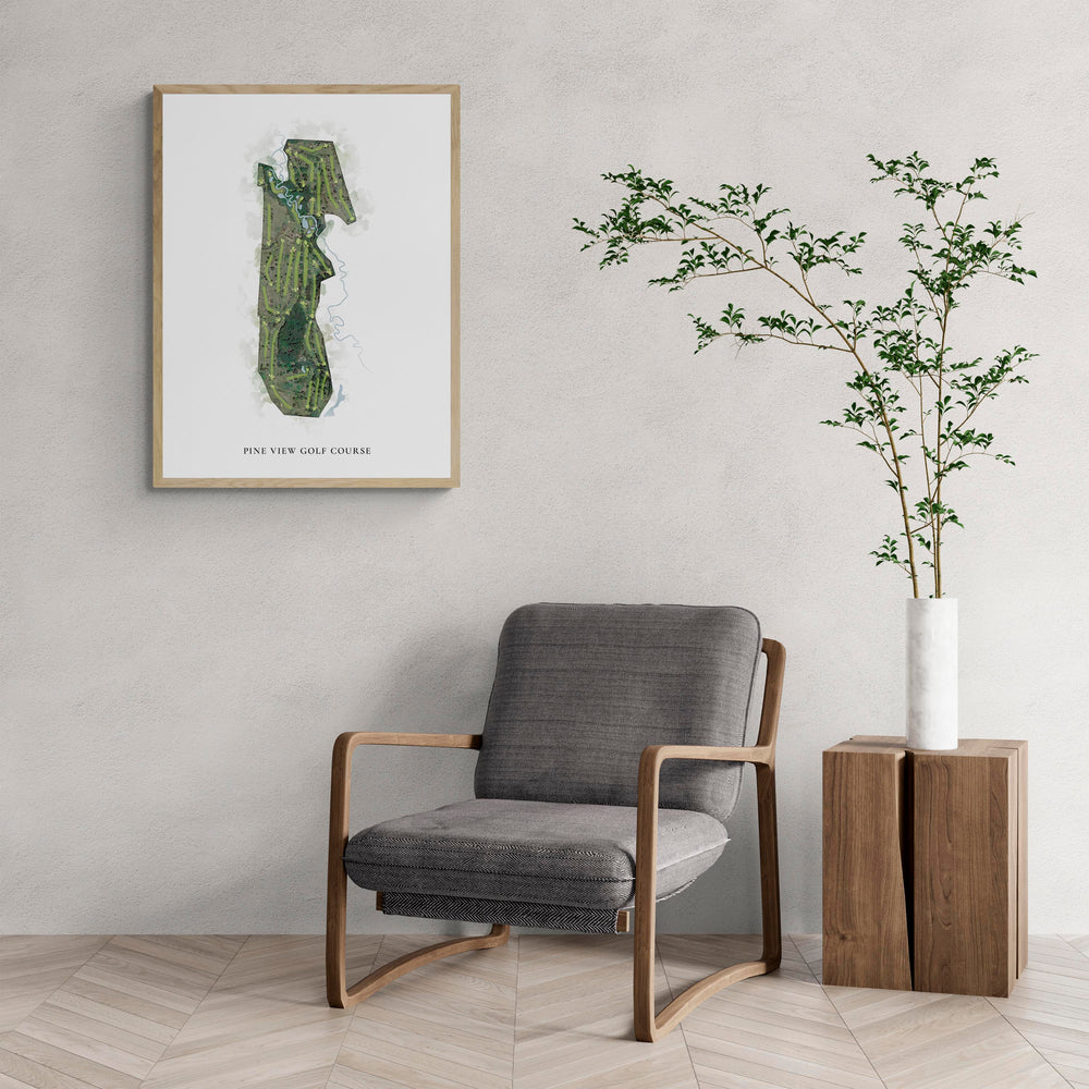 Classic Map of Pine View Golf Course with a comfy armchair and large plant