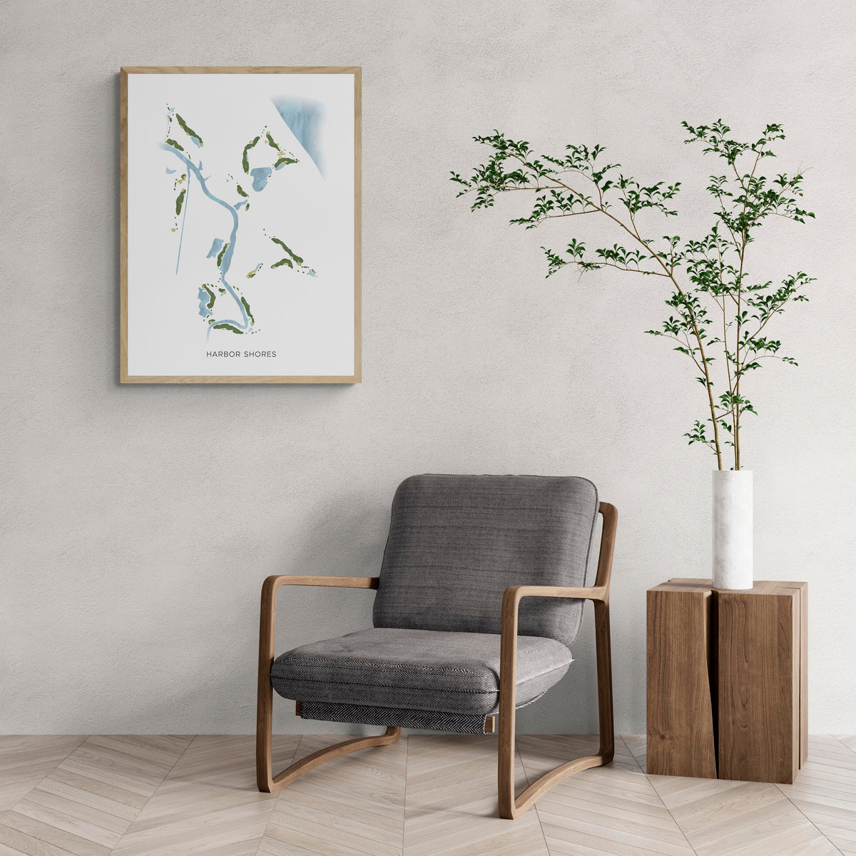 Modern Map of Harbor Shores with a comfy armchair and large plant