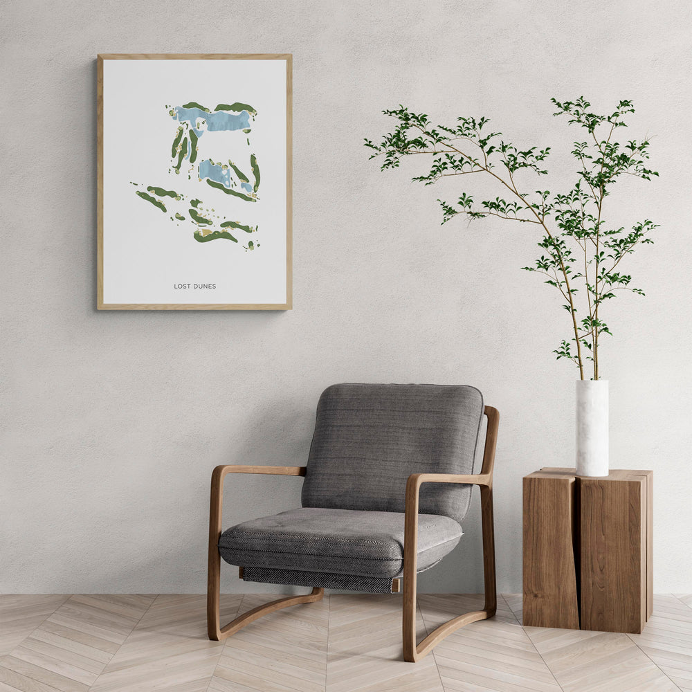 Modern Map of Lost Dunes with a comfy armchair and large plant