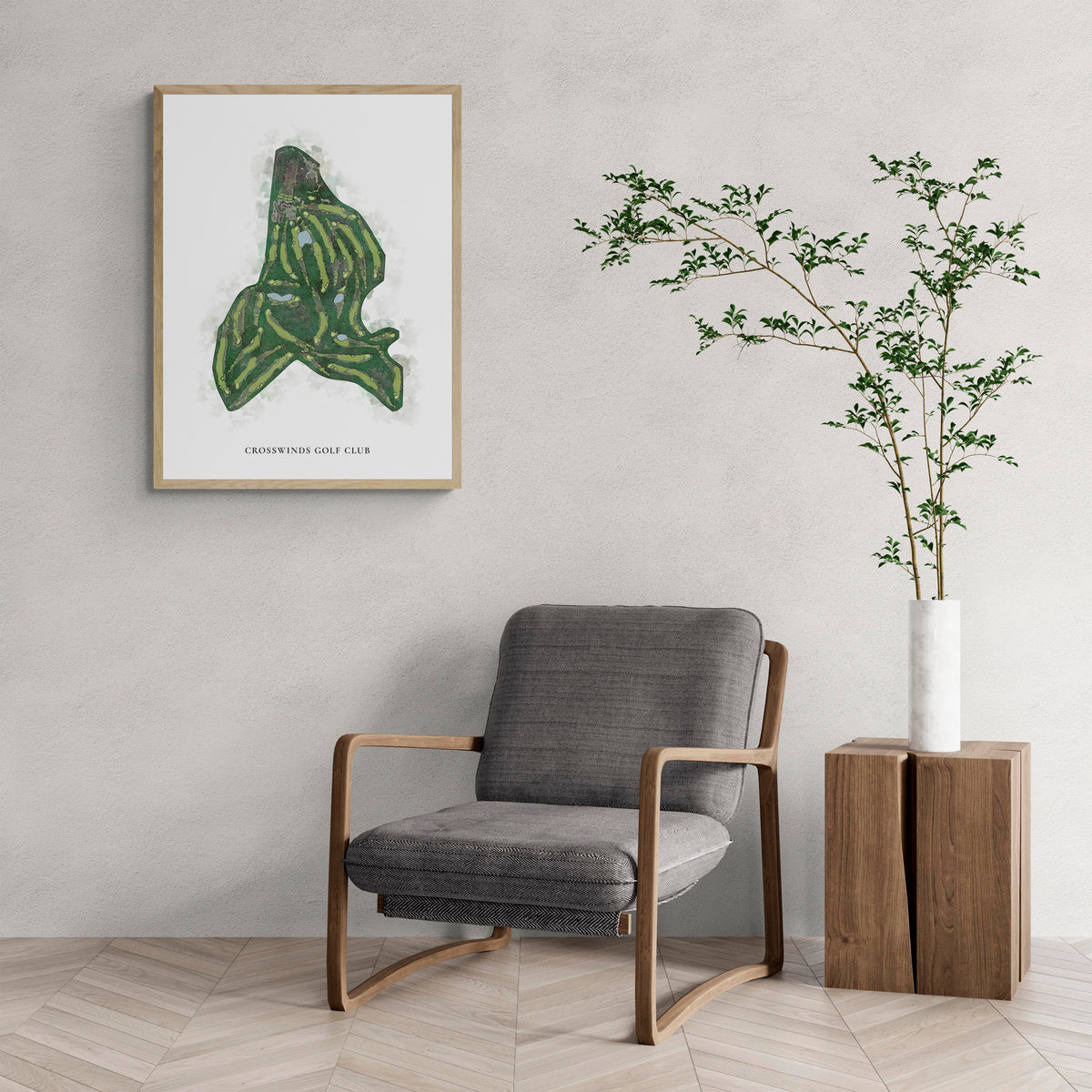 Classic Map of Crosswinds Golf Club with a comfy armchair and large plant