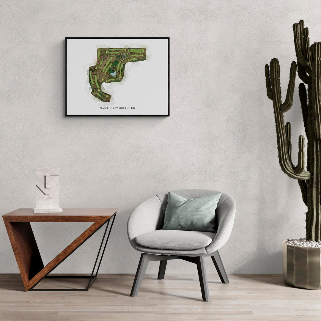 Classic Map of Nantucket Golf Club in a living room with large cactus plant