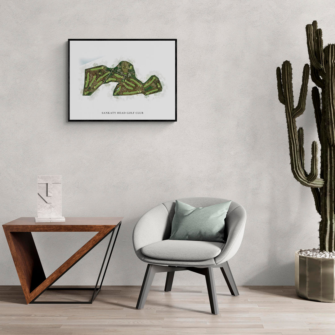 Classic Map of Sankaty Head Golf Club in a living room with large cactus plant