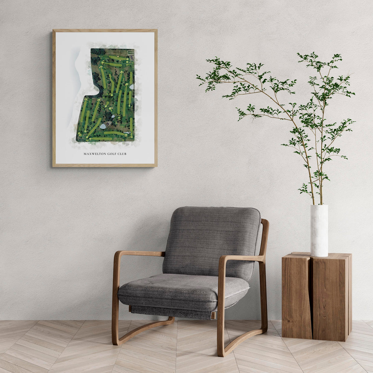 Classic Map of Maxwelton Golf Club with a comfy armchair and large plant