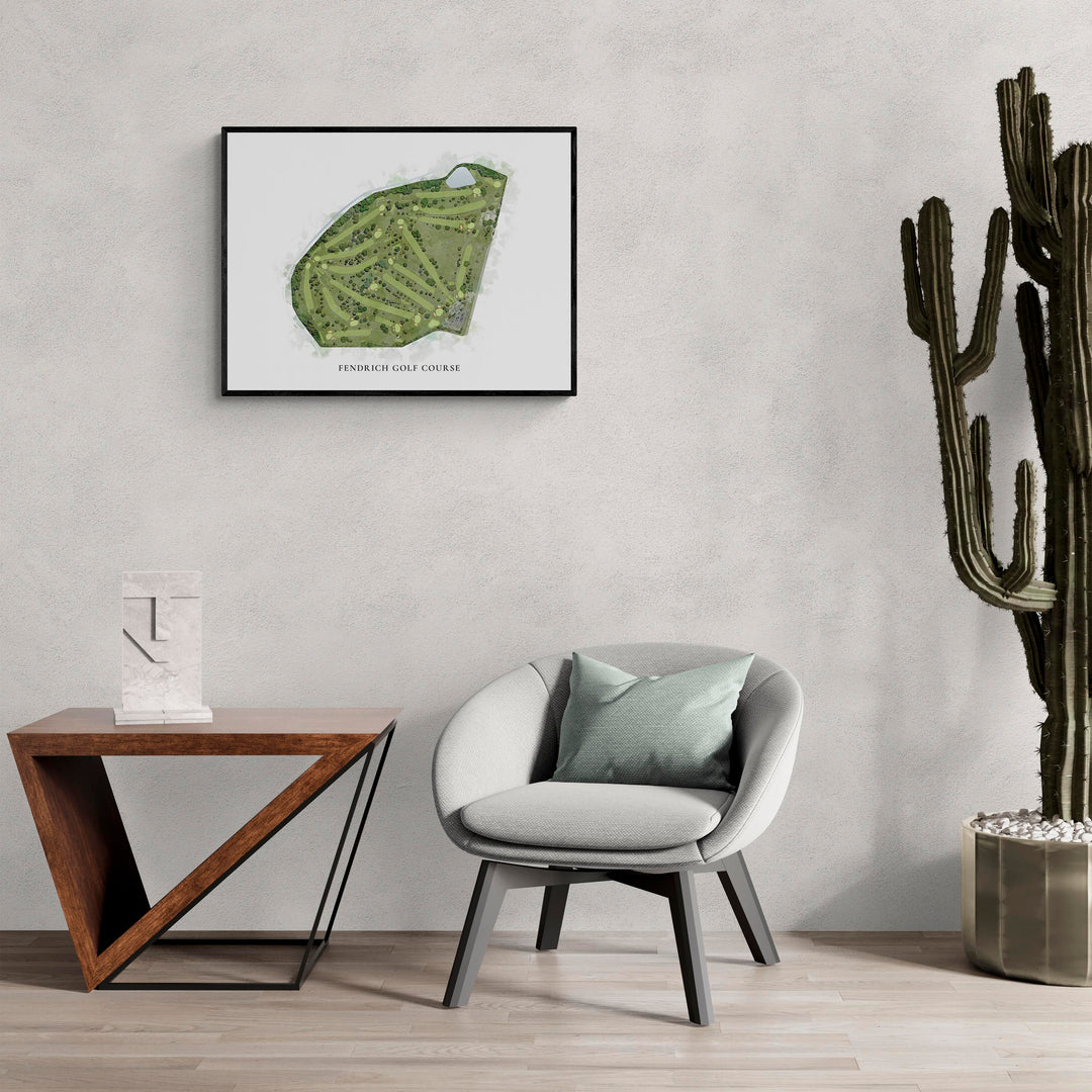 Classic Map of Fendrich Golf Course in a living room with large cactus plant