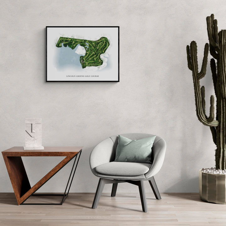 Classic Map of Lincoln Greens Golf Course in a living room with large cactus plant
