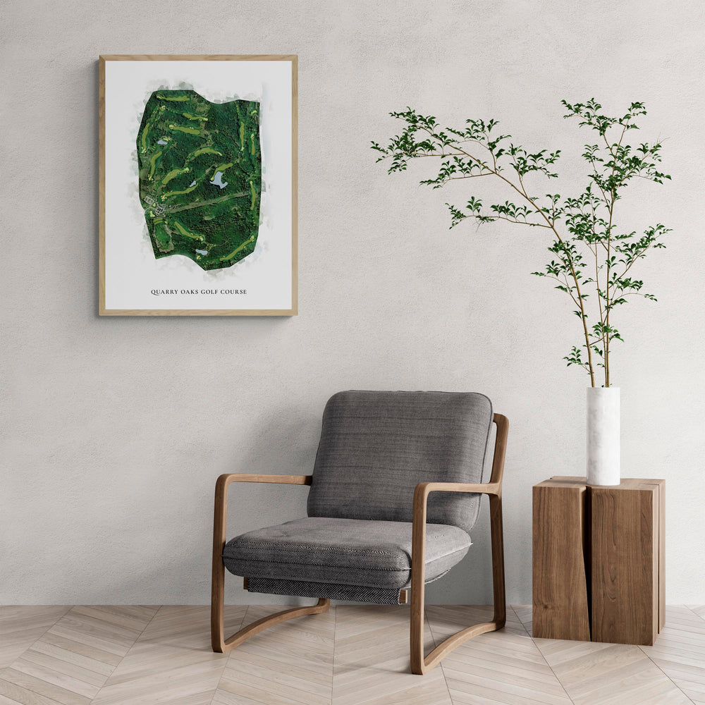 Classic Map of Quarry Oaks Golf Course with a comfy armchair and large plant