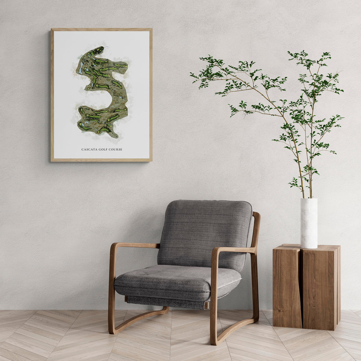 Classic Map of Cascata Golf Course with a comfy armchair and large plant