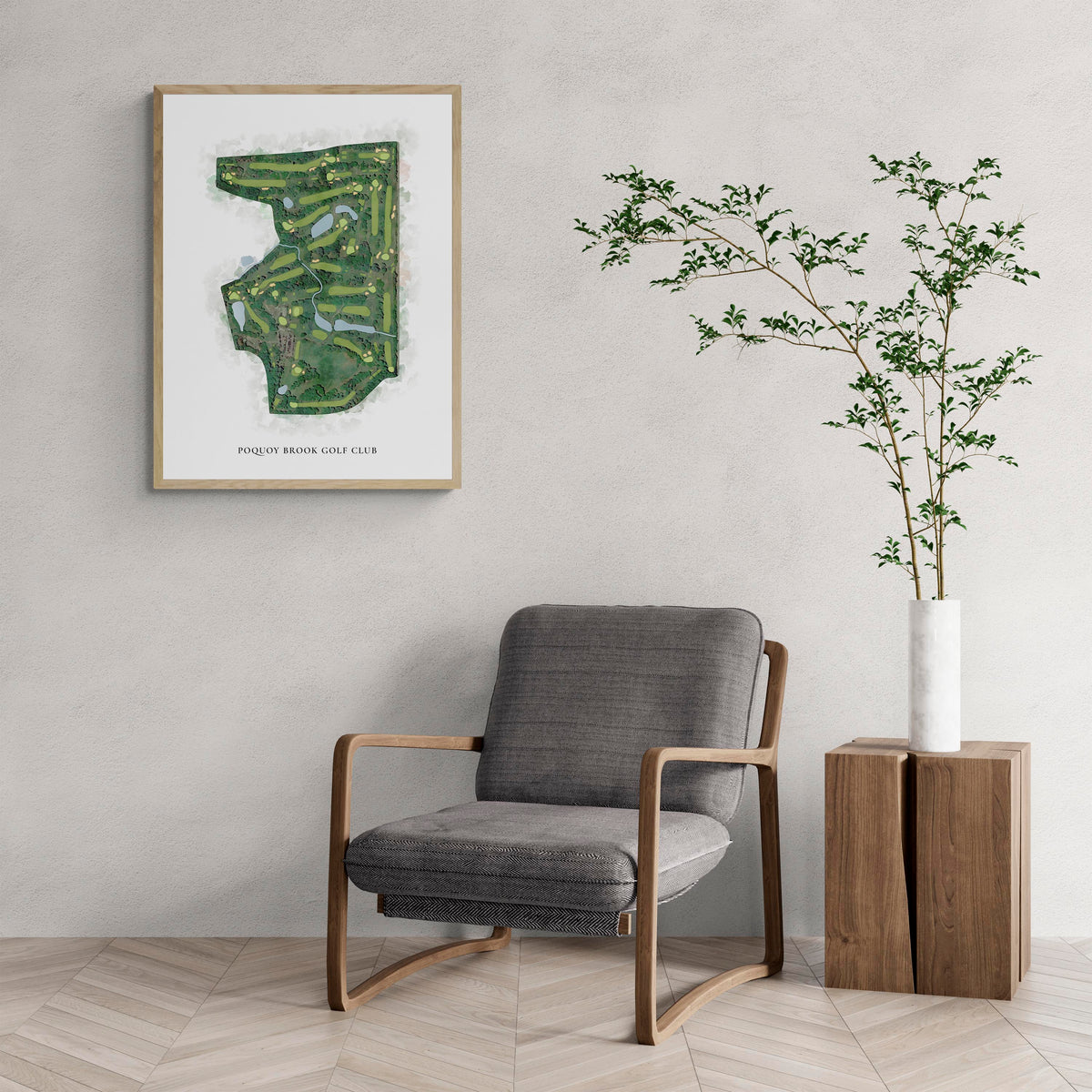 Classic Map of Poquoy Brook Golf Club with a comfy armchair and large plant