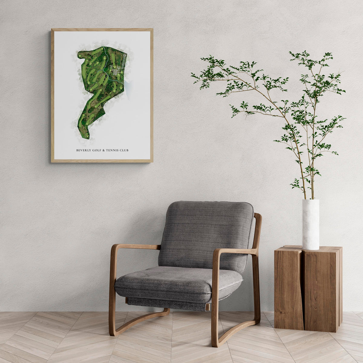 Classic Map of Beverly Golf & Tennis Club with a comfy armchair and large plant