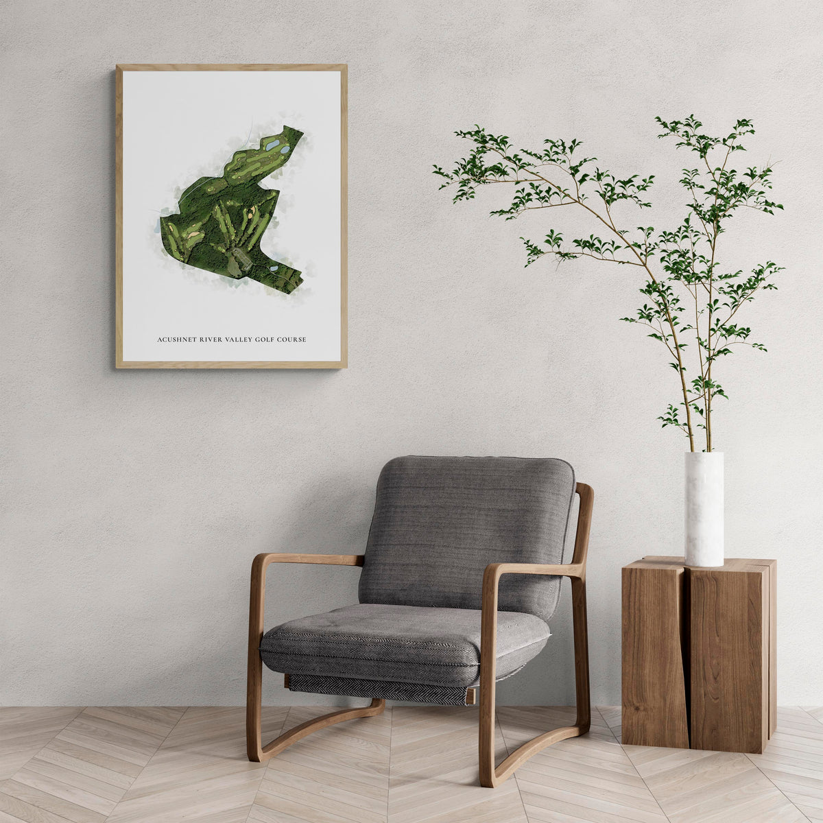 Classic Map of Acushnet River Valley Golf Course with a comfy armchair and large plant