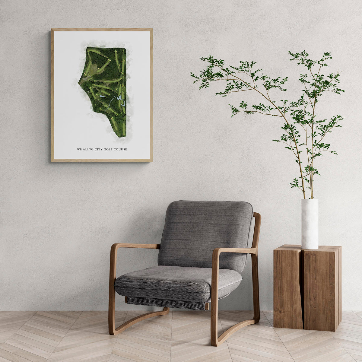 Classic Map of Whaling City Golf Course with a comfy armchair and large plant