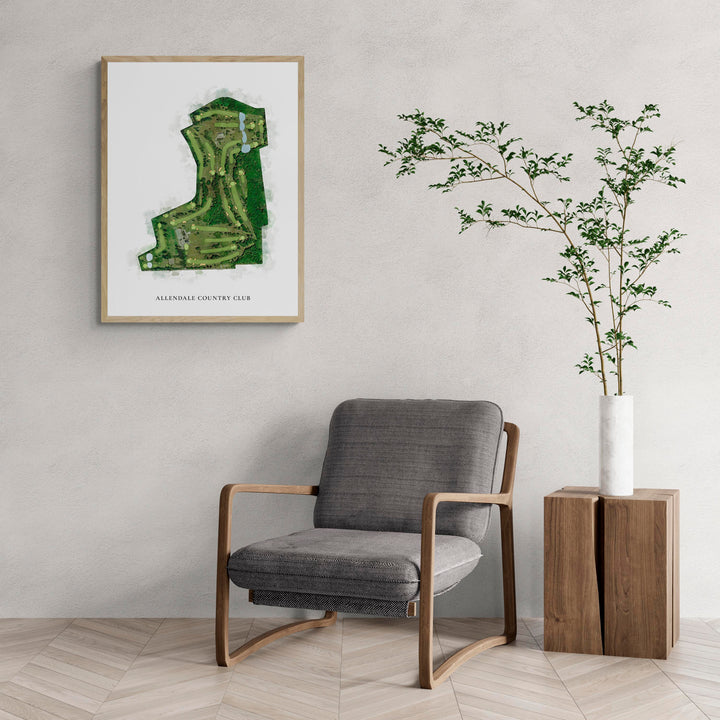 Classic Map of Allendale Country Club with a comfy armchair and large plant