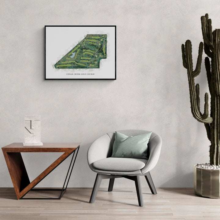 Classic Map of Cedar Creek Golf Course in a living room with large cactus plant