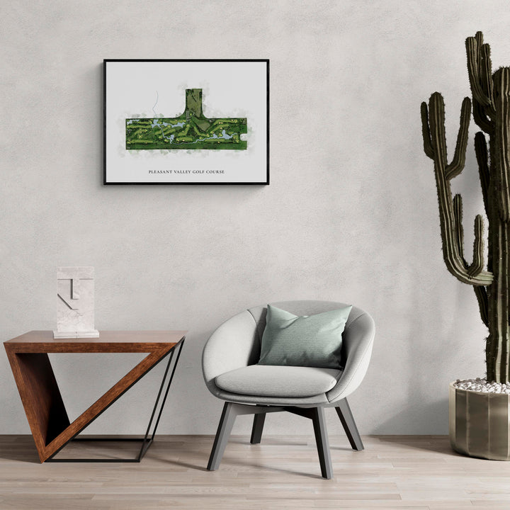 Classic Map of Pleasant Valley Golf Course in a living room with large cactus plant