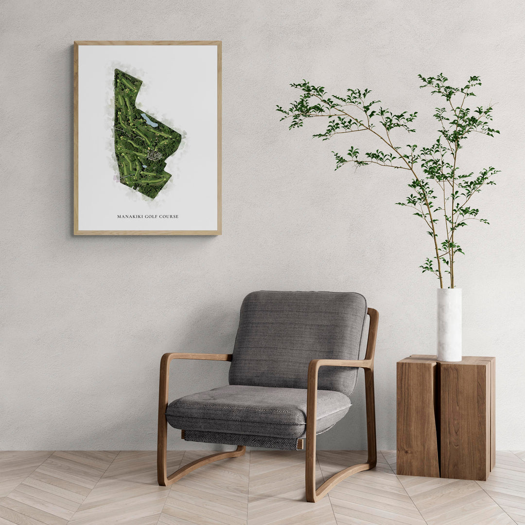 Classic Map of Manakiki Golf Course with a comfy armchair and large plant